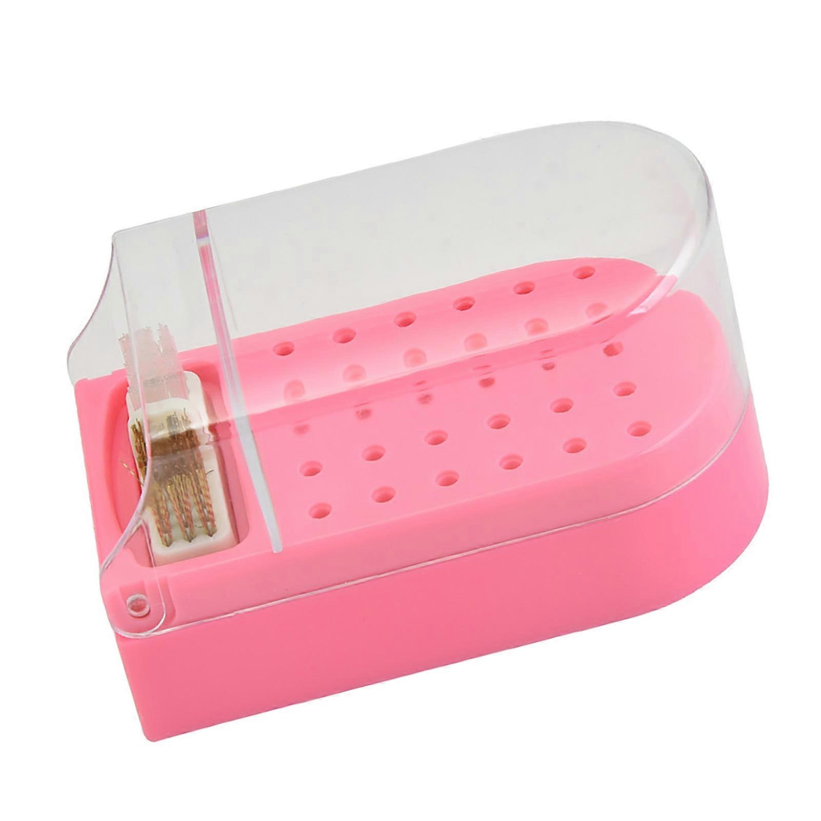 Nail Drill Bit Display Box Plastic 30 Holes Dustproof Transparent Portable Nail Drill Bit Holder with Cleaning Brush Pink