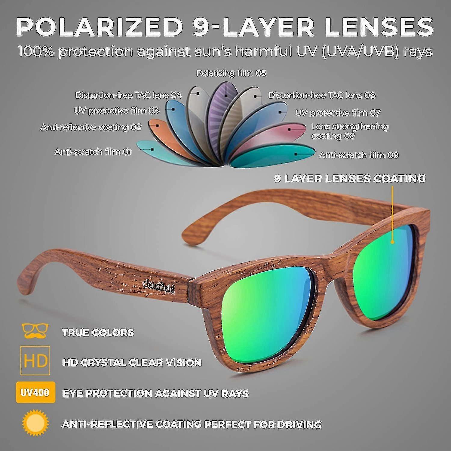 Wooden Sunglasses - Polarized Lenses With Bamboo Wooden Frame With Double Layer Of Uv Blocking Coating