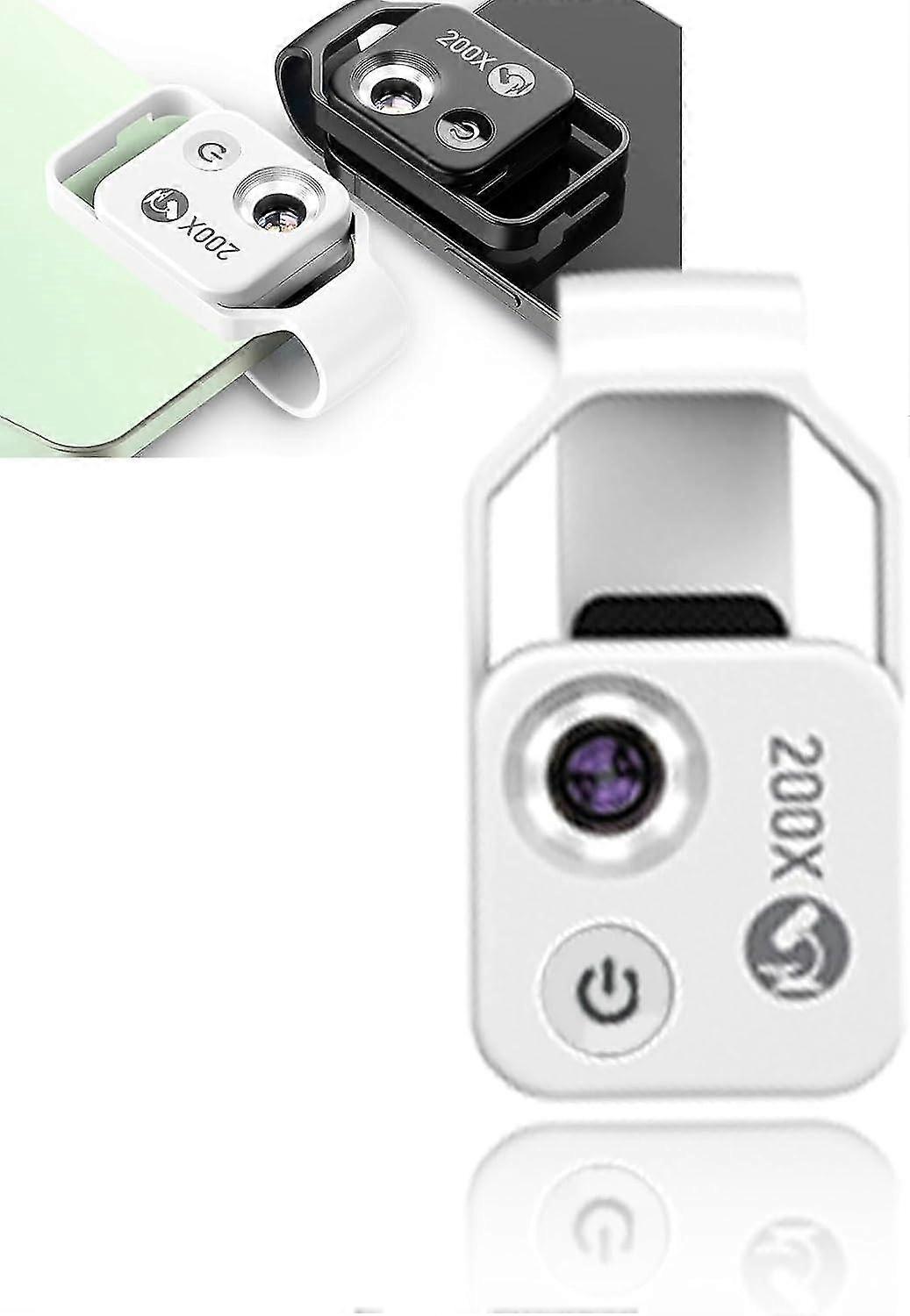 200X Phone Mini Pocket Microscope, Portable Digital Microscope Camera Attachments, with CPL Lens LED Light, Universal Clip Design (White)