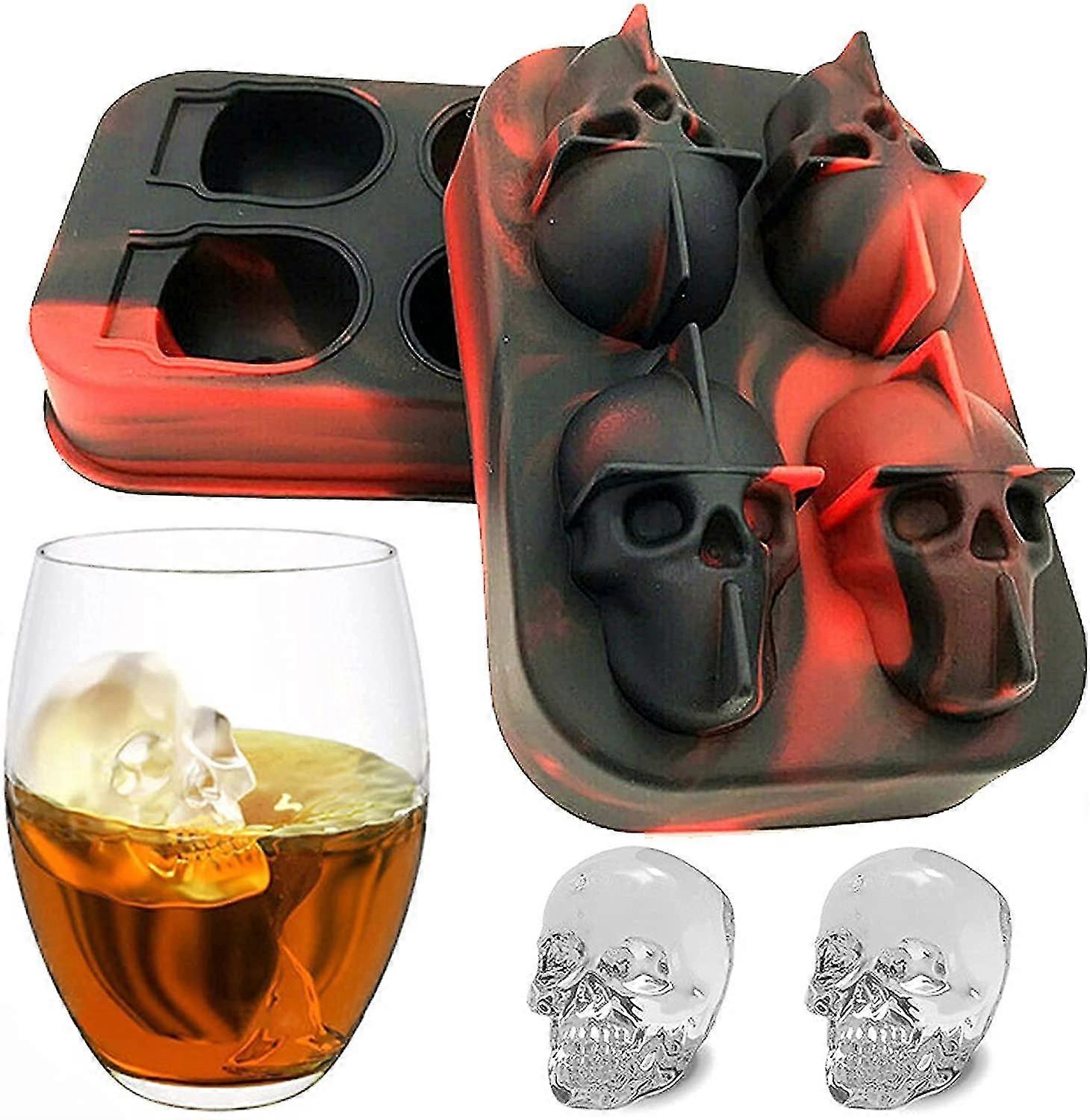 Skull Shaped Ice Ball Maker Mould Silicone Tray. Stylish Red And Black Reusable Easy Release Skull Ice Cube Maker Kit For Home Freezer.