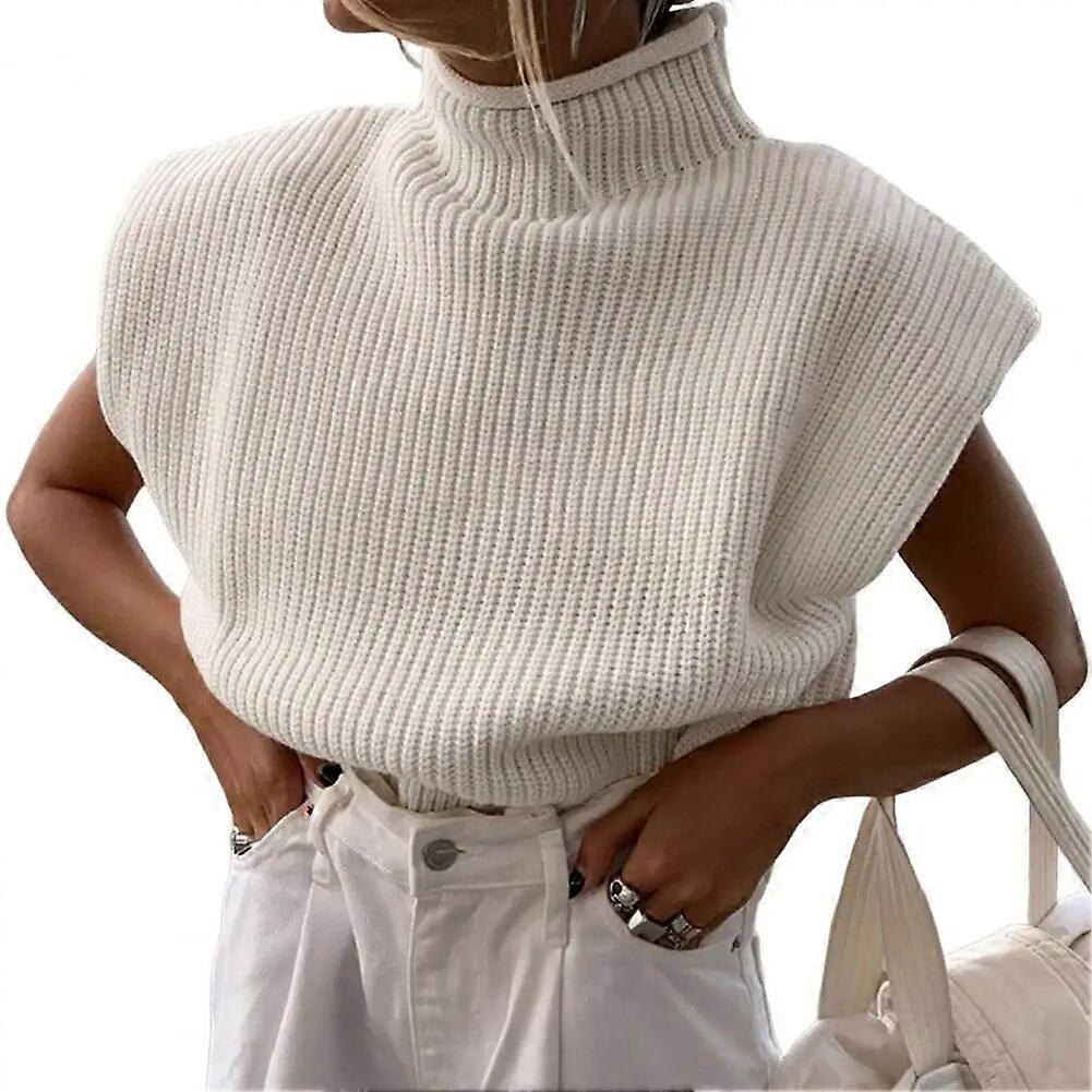 Frauen ärmellose Weste Pullover Gestrickter lockerer Pullover mit Schulterpolstern Halten Sie warm Rollkragenpullover Dame Pullover Frauen Kleidung