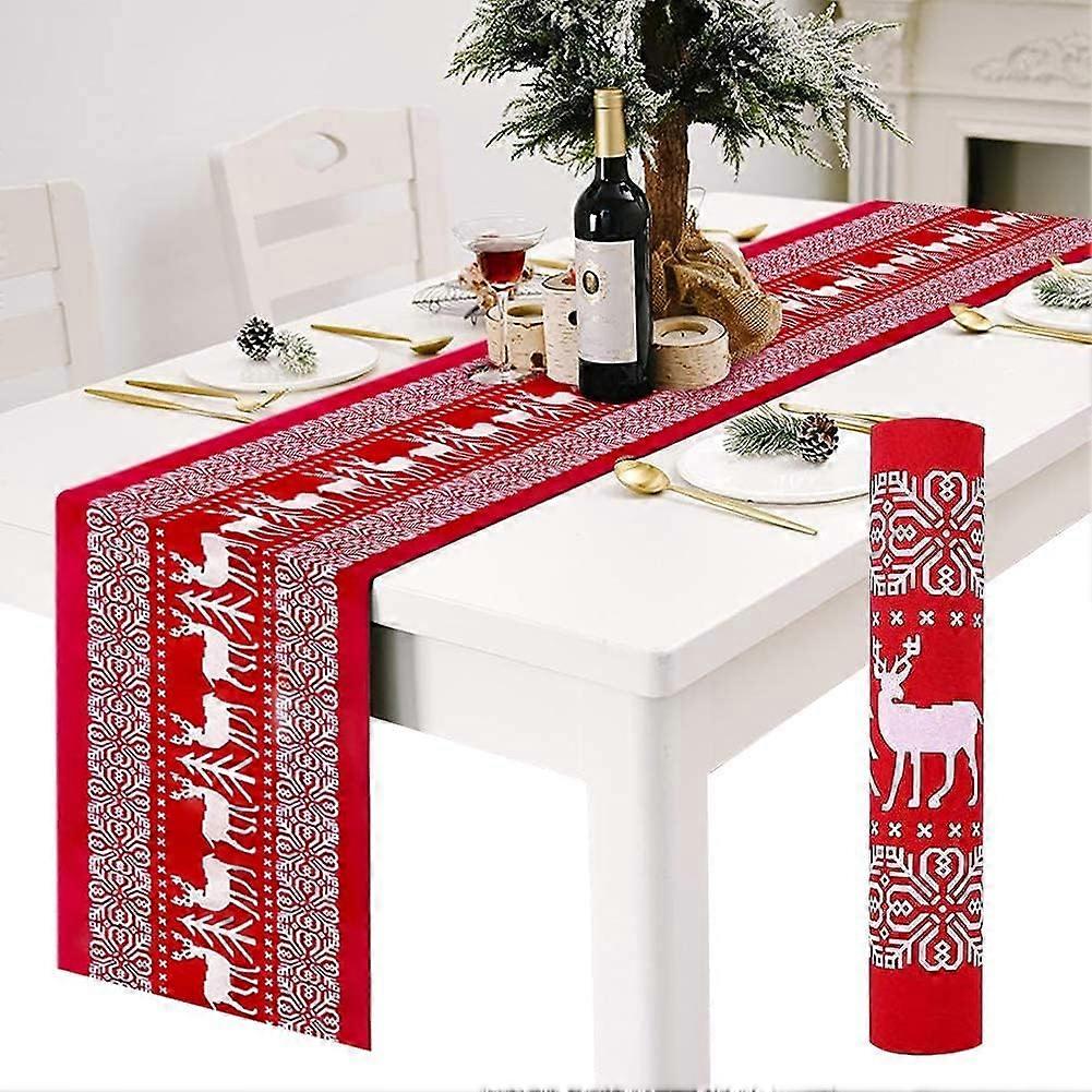 Christmas Table Runner,Red Linen Table Runners with White Reindeer Design, Non-Slip, 11" x 108"