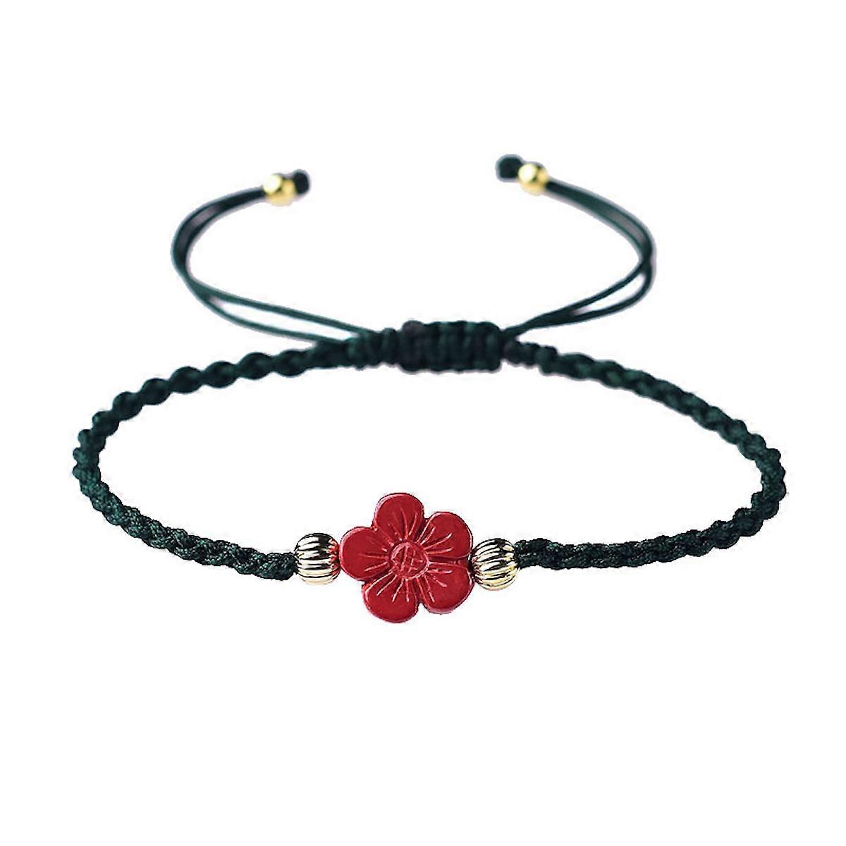 Handmade Braided Dark Green Rope Bangle Cinnabar Flower Bracelet for Women