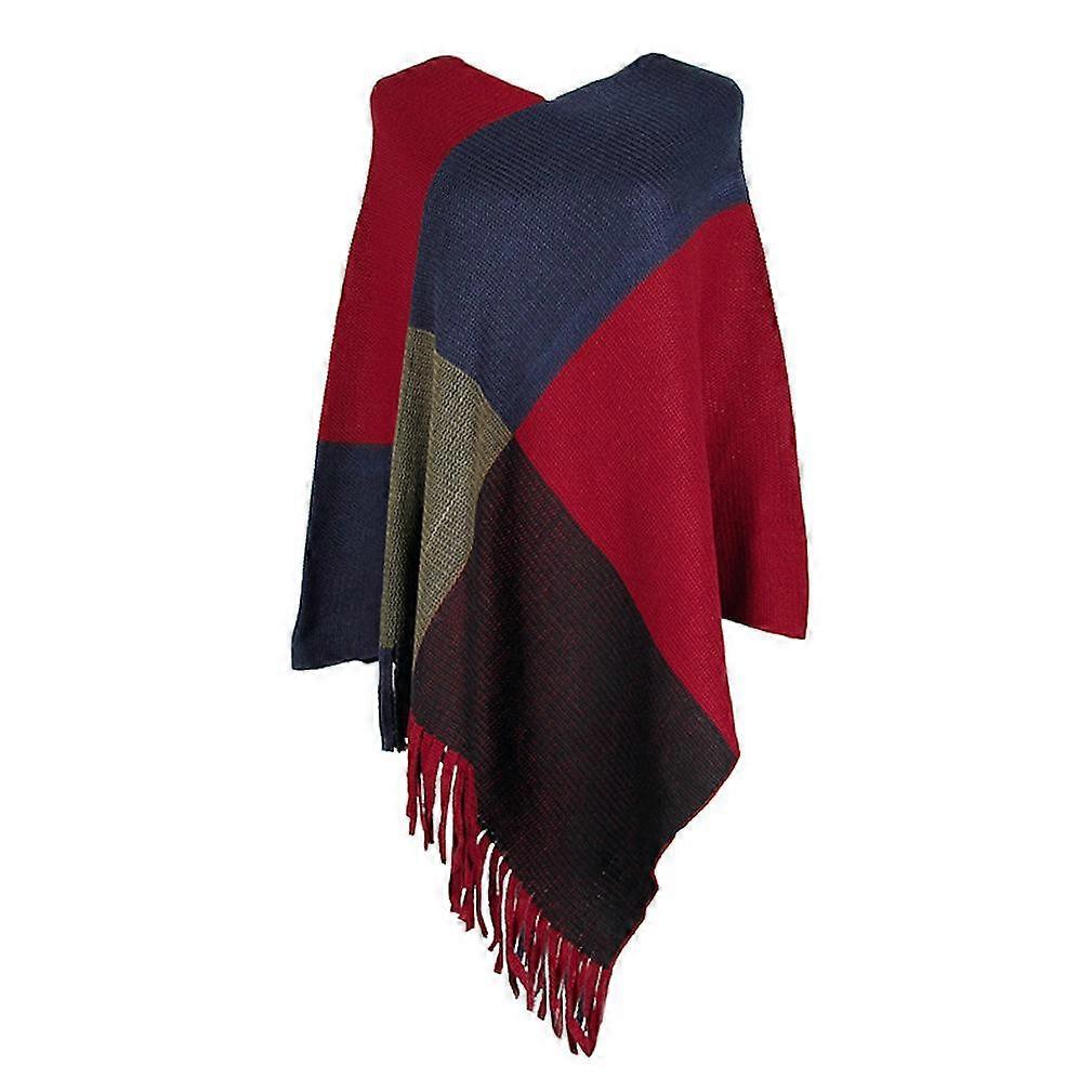 Autumn Winter Color Block Pullover Shawl Fringed Hem Poncho Lady