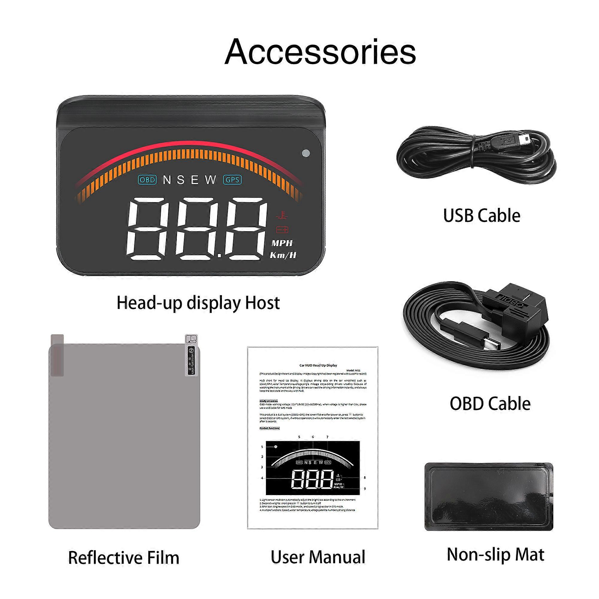 WYOBD M11 Car Speed Windshield Projector OBD2 GPS Dual System HUD Speedometer Safety Alarm Meter Head Up Display for All Cars