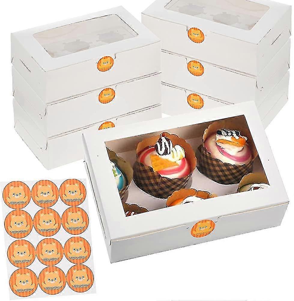 12 Pcs Cupcake Boxes White Paper Bakery Box With Window. 6-holes Carrier For
