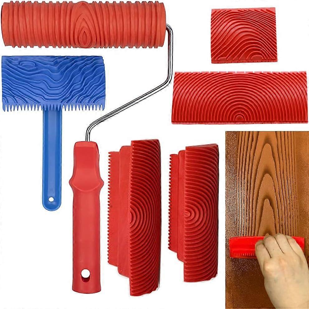 Wood Graining Tool Set, 6pcs 7" Fake Wood Grain Roller Painting Tool with Handle DIY Rubber Graining Tool Paint Look Like Wood for Wall Room Art Paint