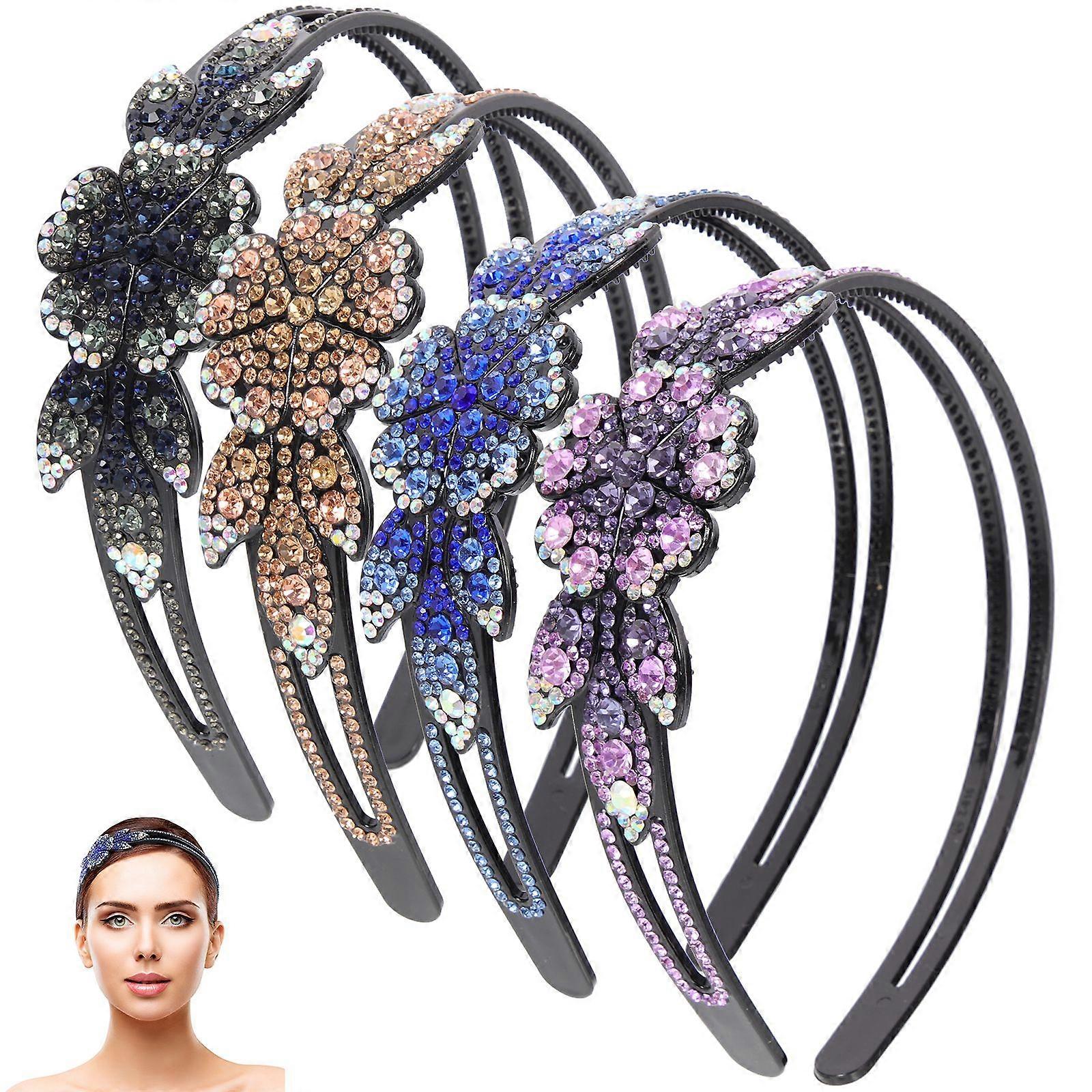 4Pcs Rhinestone Headband with Teeth Comb Wide Rhinestone Headband Non-slip Rhinestone Headband