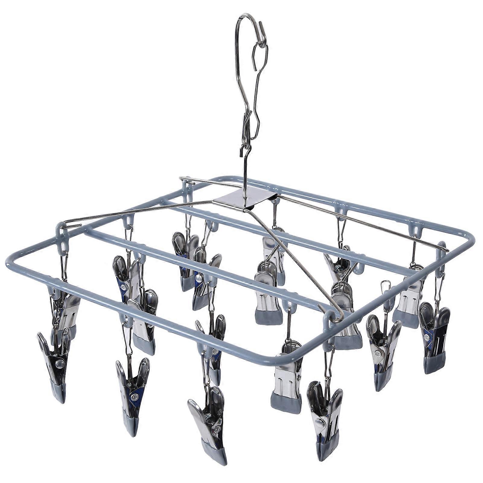 Stainless Steel Drying Rack with 18 Clips, Windproof Laundry Hanger for Socks