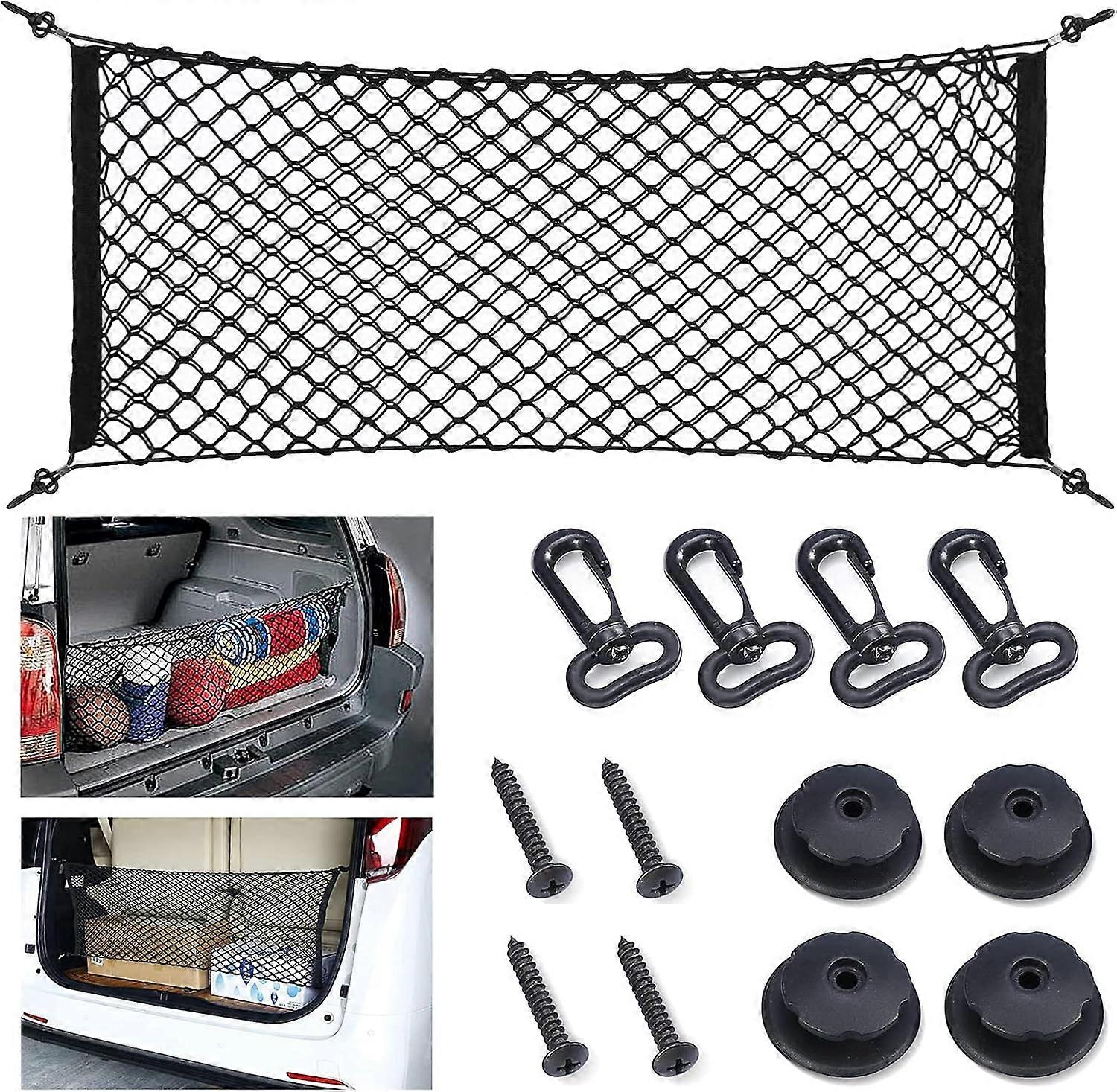 Universal Rear Trunk Storage Net, Double Layer Elastic Adjustable Nylon Trunk Organizer 90.2 x 40.9 cm with Hooks and Screws SUV Truck - Black