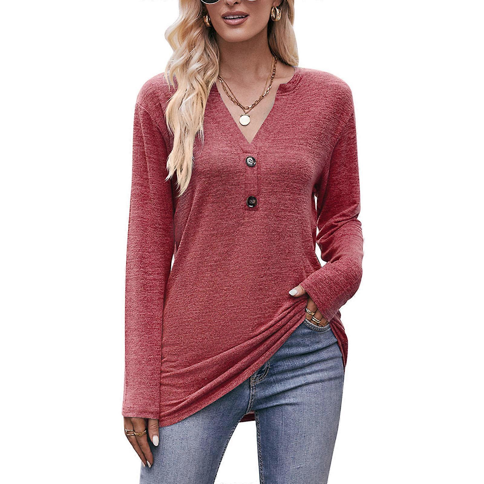 Womens Basic V-Neck Loose Fit Long Sleeve Pullovers Tee Tops Spring Autumn Loose Simple T-shirt Tops  Red XL