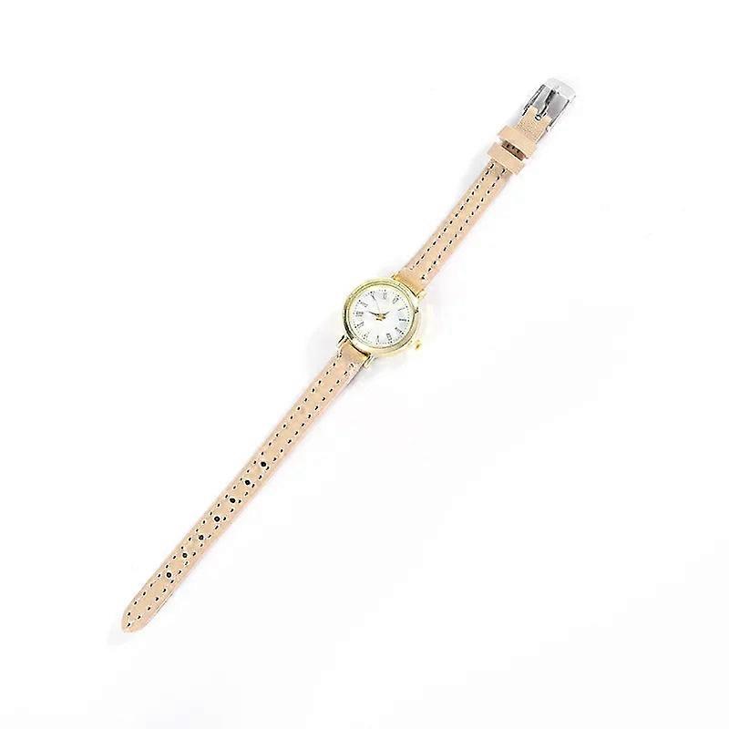 Women's Small Brown White Wristwatch With Thin Leather Strap - Ladies Quartz