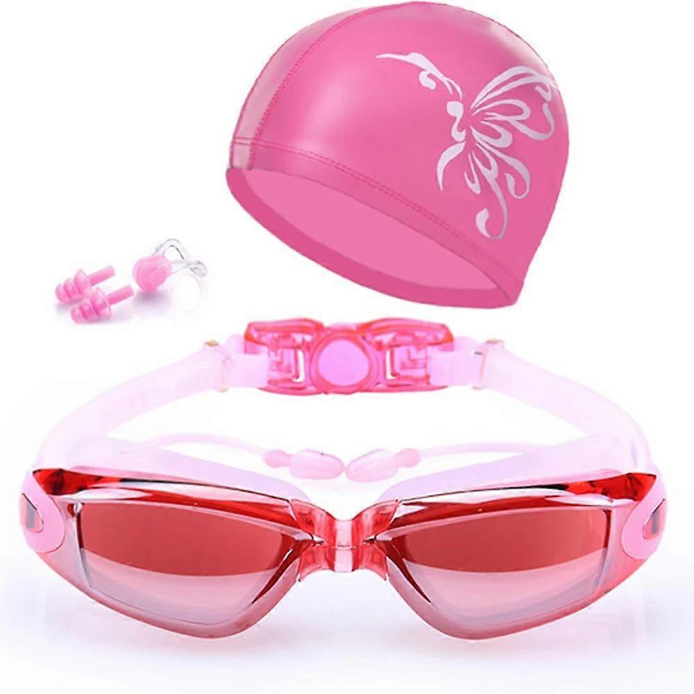 Swimming Goggles Set Anti-Fog Silicone With Ear Plugs Nose Clip And Swim Caps For Pool And Dive