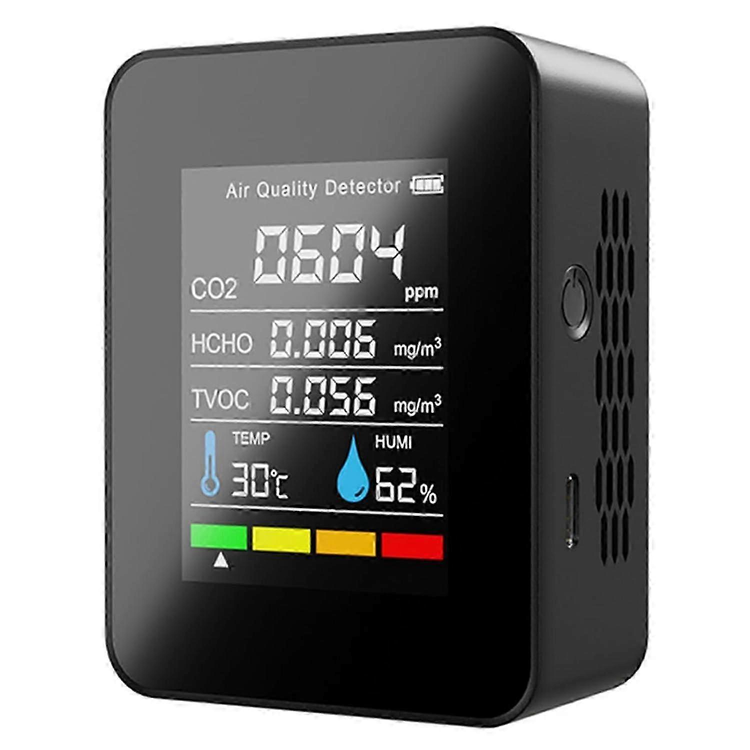 5-i-1 luftkvalitetsmonitor: CO2, TVOC, fuktighet, termometer, bærbar