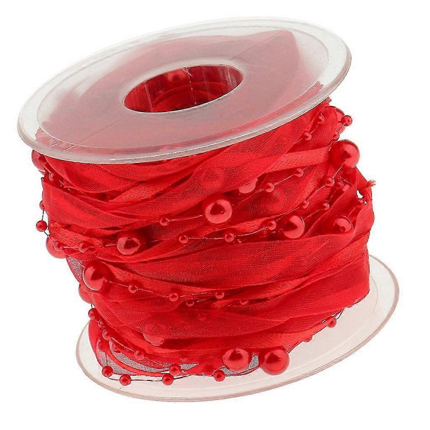 11 Yards Beads Chain Ribbon Artificial Pearls String Beads Chiffon Satin 3 Strings StyleRed