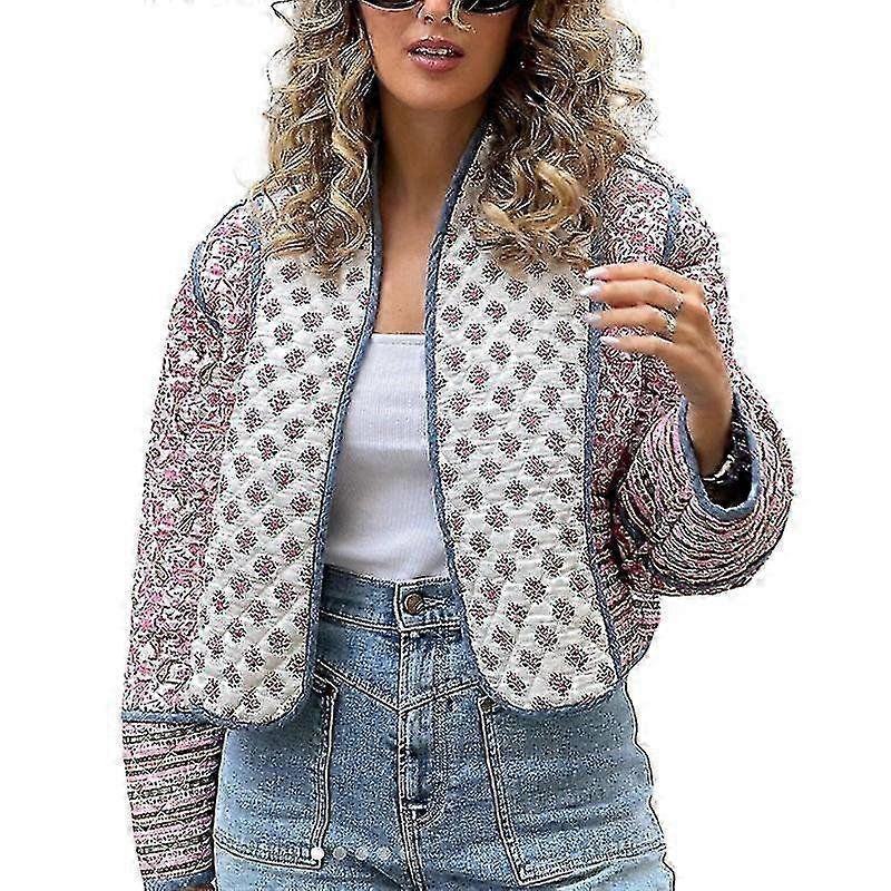 Women's Floral Quilted Cardigan Cropped Lightweight Puffer Coat With Open Front������ijƷ��