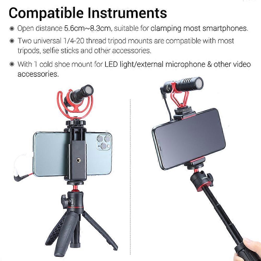 Adjustable Holder Vlog Phone Clip with 1/4 Inch Screw Holes Extending Cold Shoe 5.6-8.3cm Width Smartphone for Tripod LED Light Microphone