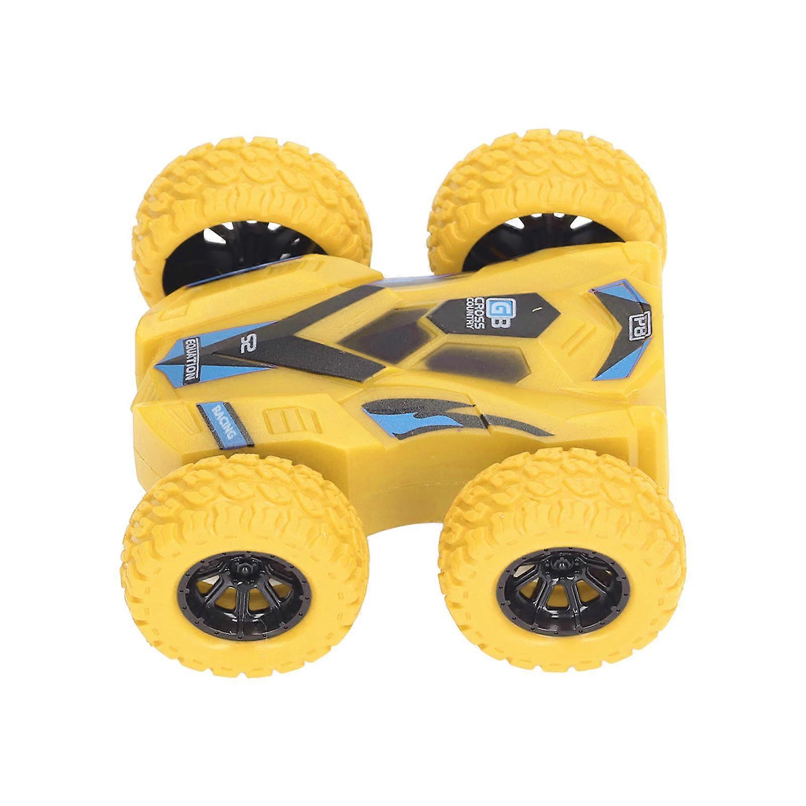 Double Sided Pull Back Car Friction Powered 4 Big Tires 360 Degree Rotating Mini Flips Inertia Stunt Car Yellow 