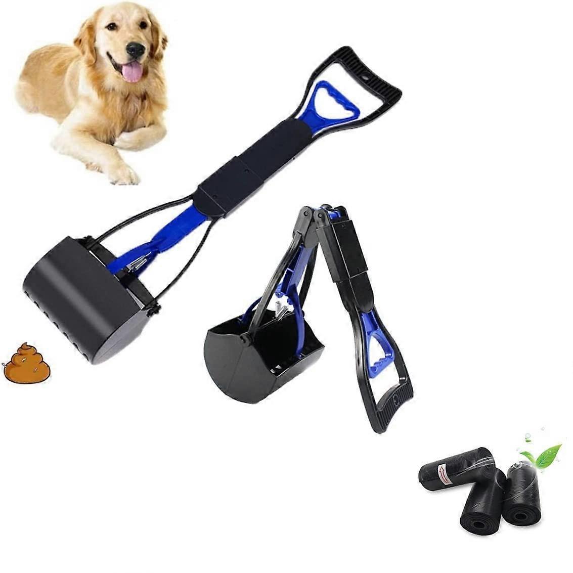 Dog Poop Scooper with Waste Bag Dispenser, Portable Foldable Poop Grabber for Dogs and Cats in Blue, Includes 3 Rolls