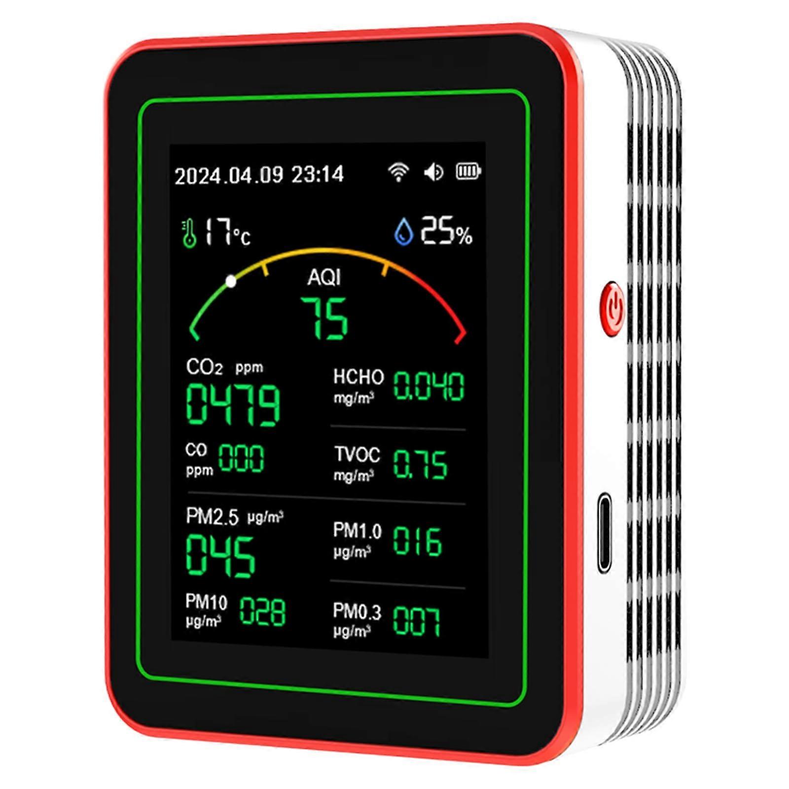 Air Quality Monitor For Home Use With CO2 PM2.5 Formaldehyde TVOC Temperature Humidity, Compact Size, Accurate Readings, White And Red