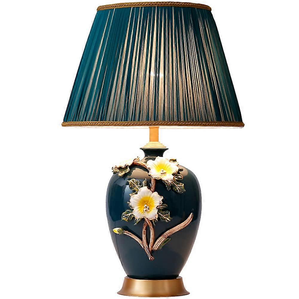 Blue glazed ceramic table lamp with 3D enamel vase bedroom desk lamp, large table lamps