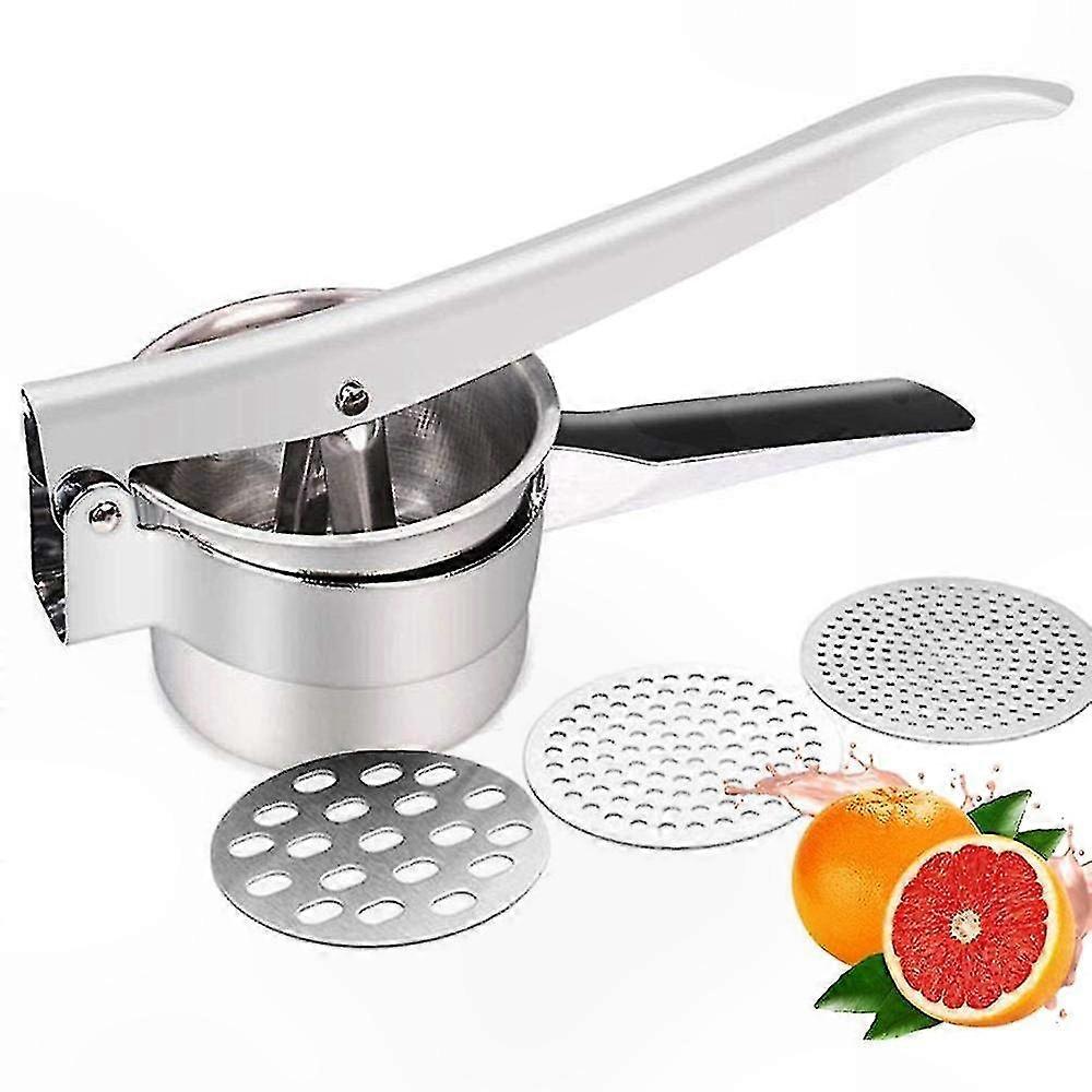 Stainless Steel Potato Press with 3 Discs for Mashing Potatoes, Extracting Juices, and Making Vegetable Puree