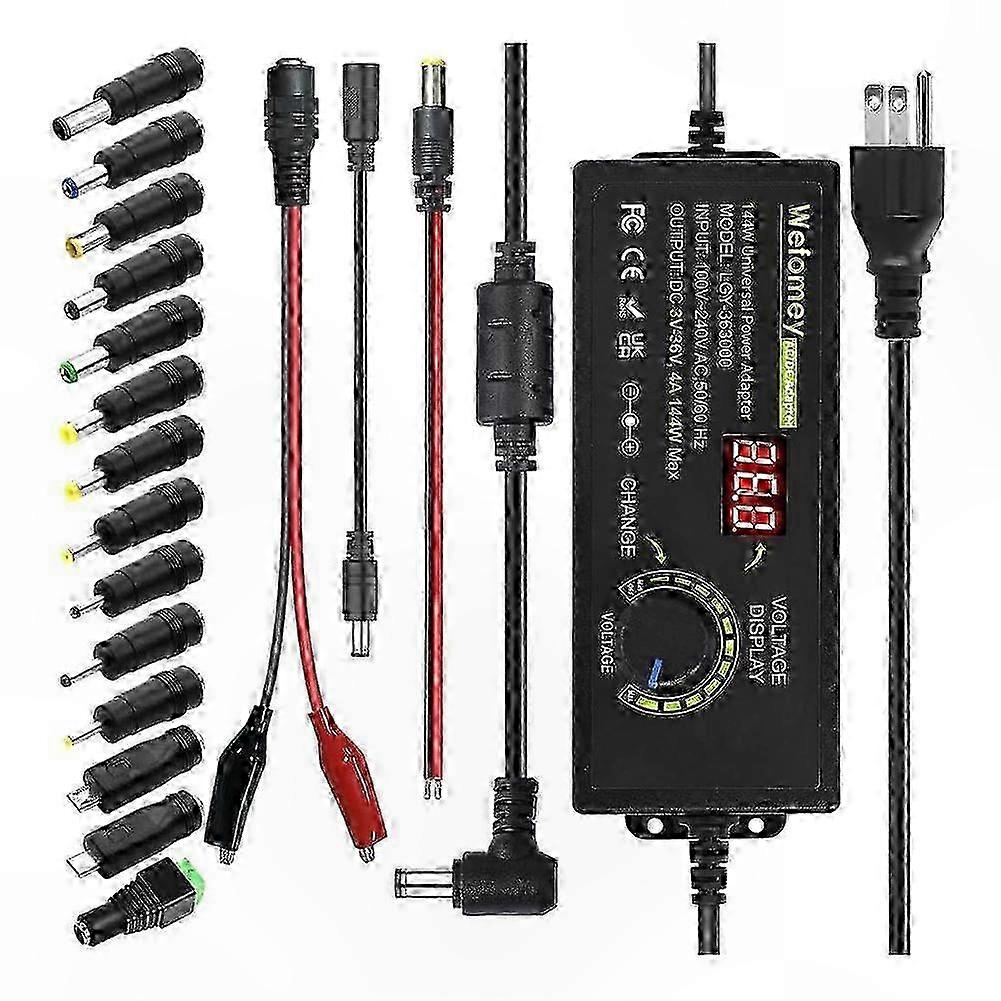 Adjustable AC/DC Power Adapter 3V-36V 4A 144W, Universal Voltage-Compatible Charger 100V-240V