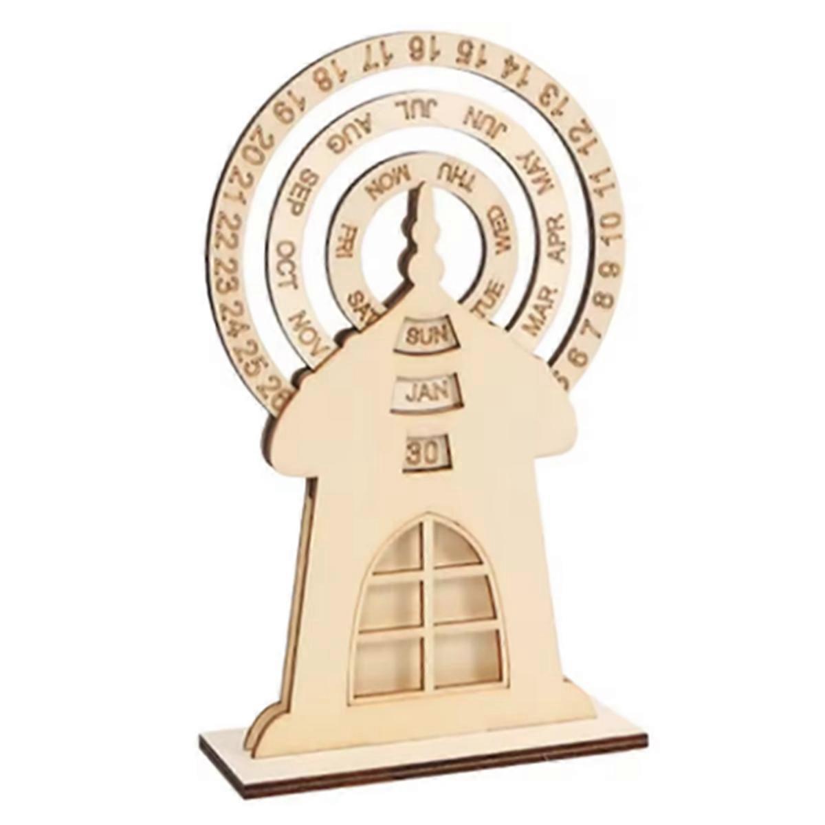 Wooden Desk Calendar Wheel Shaped Desktop Date Week Month Display Home Office Wood Block Rotating