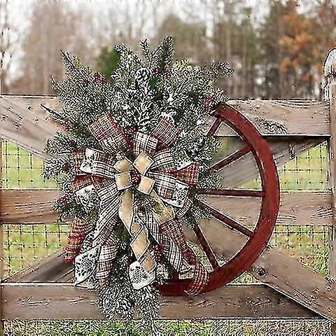 リボン付きレッドワゴンホイールリースパインツリーベリー|ヴィンテージ農家リースフロントドア|用窓屋外|のためのクリスマスデコレーションリースW