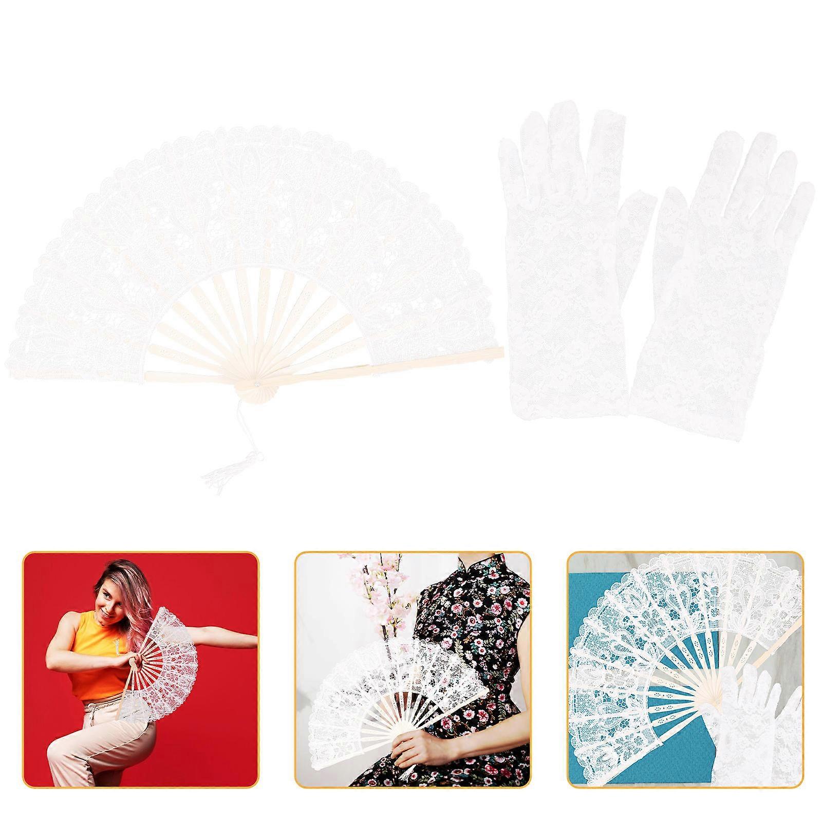 Folding Bride Fan with Lace Gloves for Wedding Use 5Sets