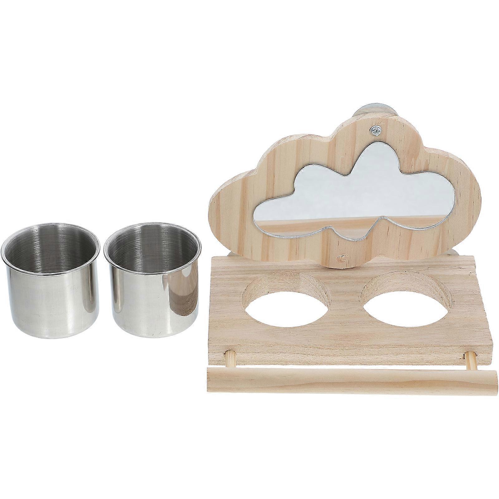 Rectangular Parrot Bird Perch With Mirror And Feeding Cups For Bird Cage, 16.00X14.80X11.40CM Ideal For Bird Lovers 3Pcs