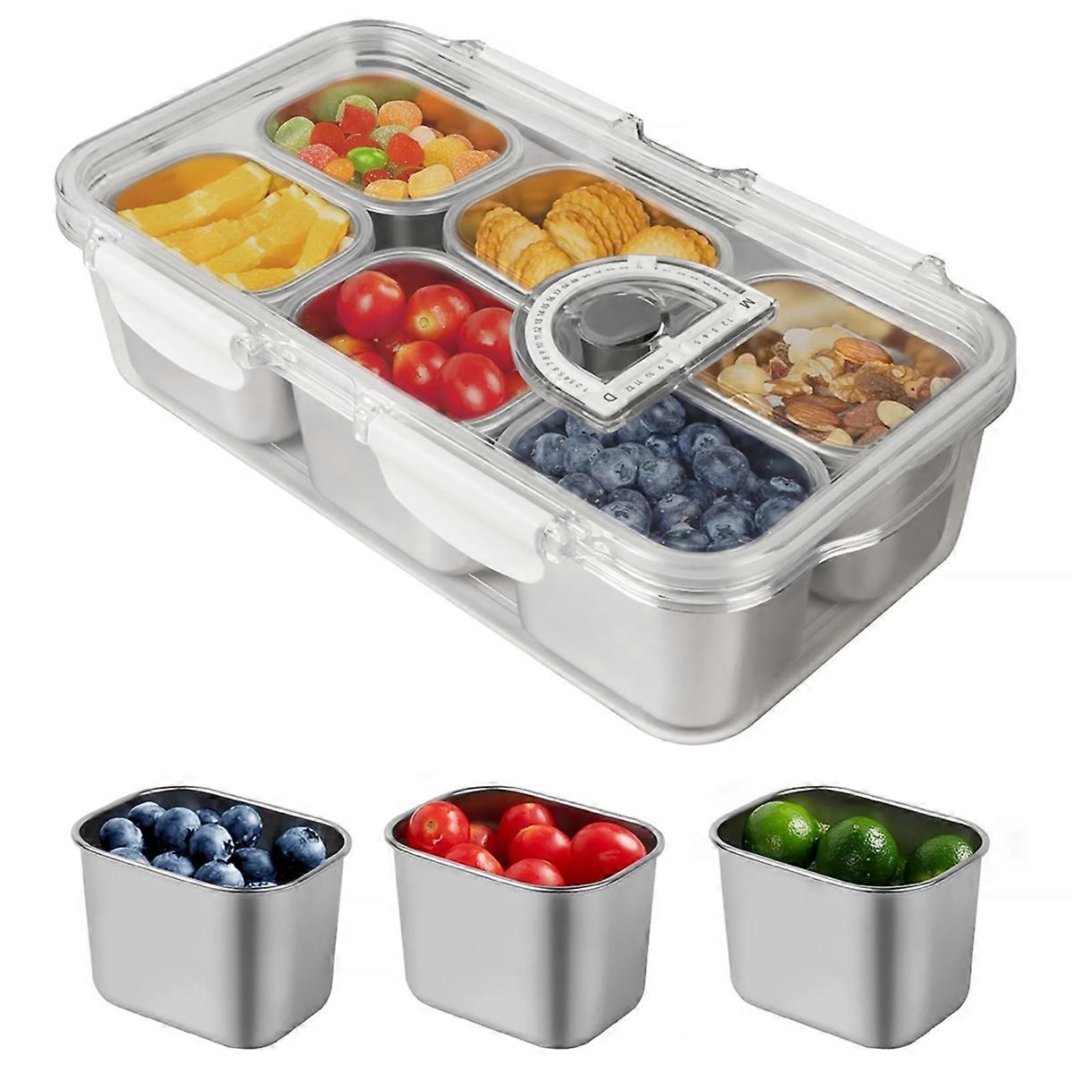 Snacks Box Container, Stainless Steel Divided Serving Tray with Lid and Handle, 6 Compartment Portable Snack Platters