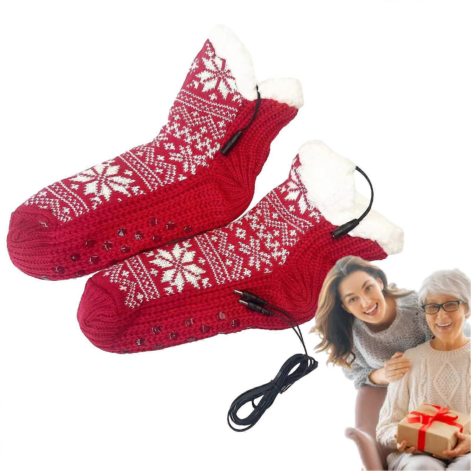 Warming Socks for Women  USBPowered Snowflake Pattern Thermal Winter Socks, Red, Model A, One Size, Cold Weather
