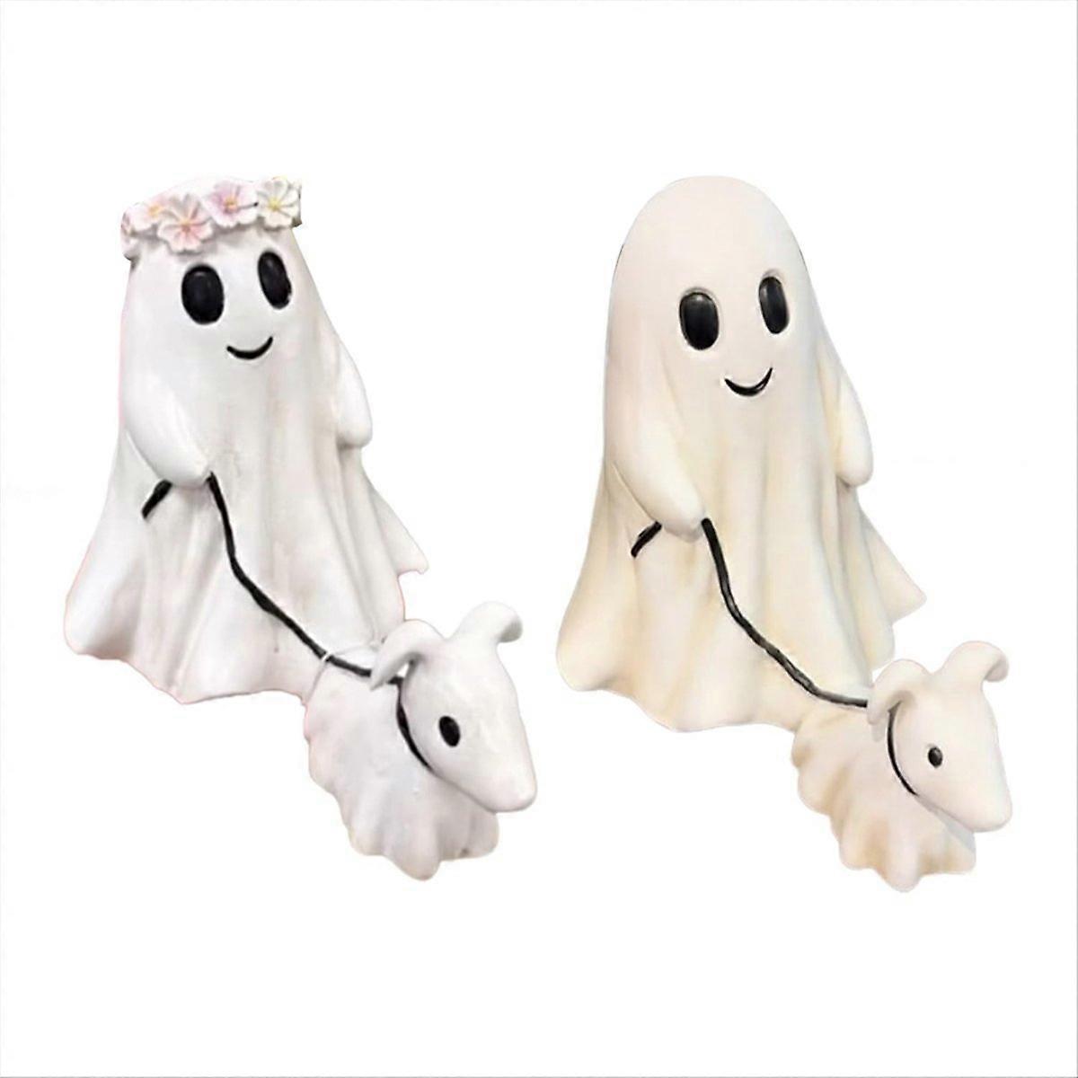 2pc Halloween Ghost Walking Dog Statue:Ghost Walking His Ghost Dog