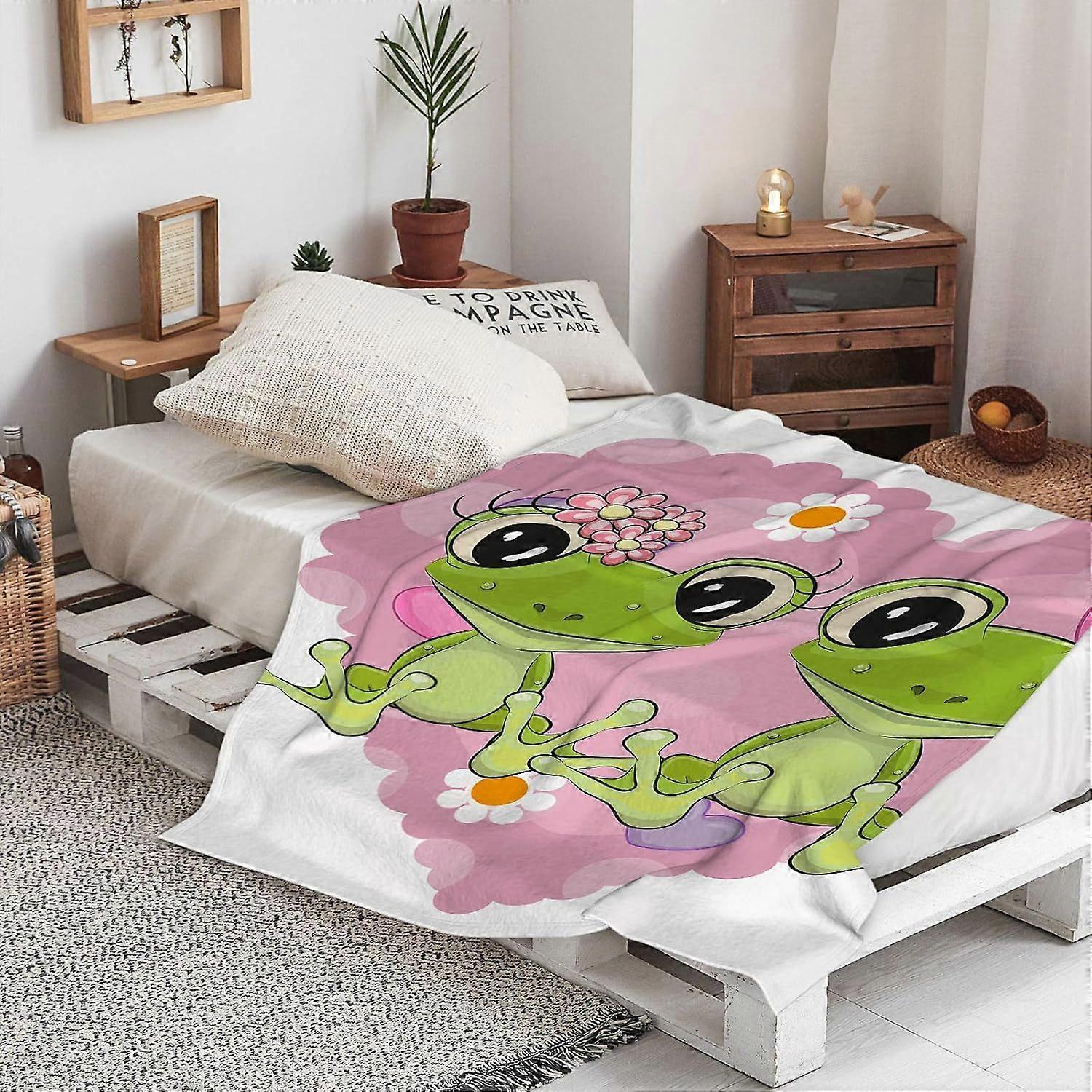 Varm Blød To tegneseriefrøer på en baggrund af hjertet forelsket i blomster Tæppe, Vinter Varm Sovesofa Kaste Seng Picnic Tæppe Kaste Over Blød 