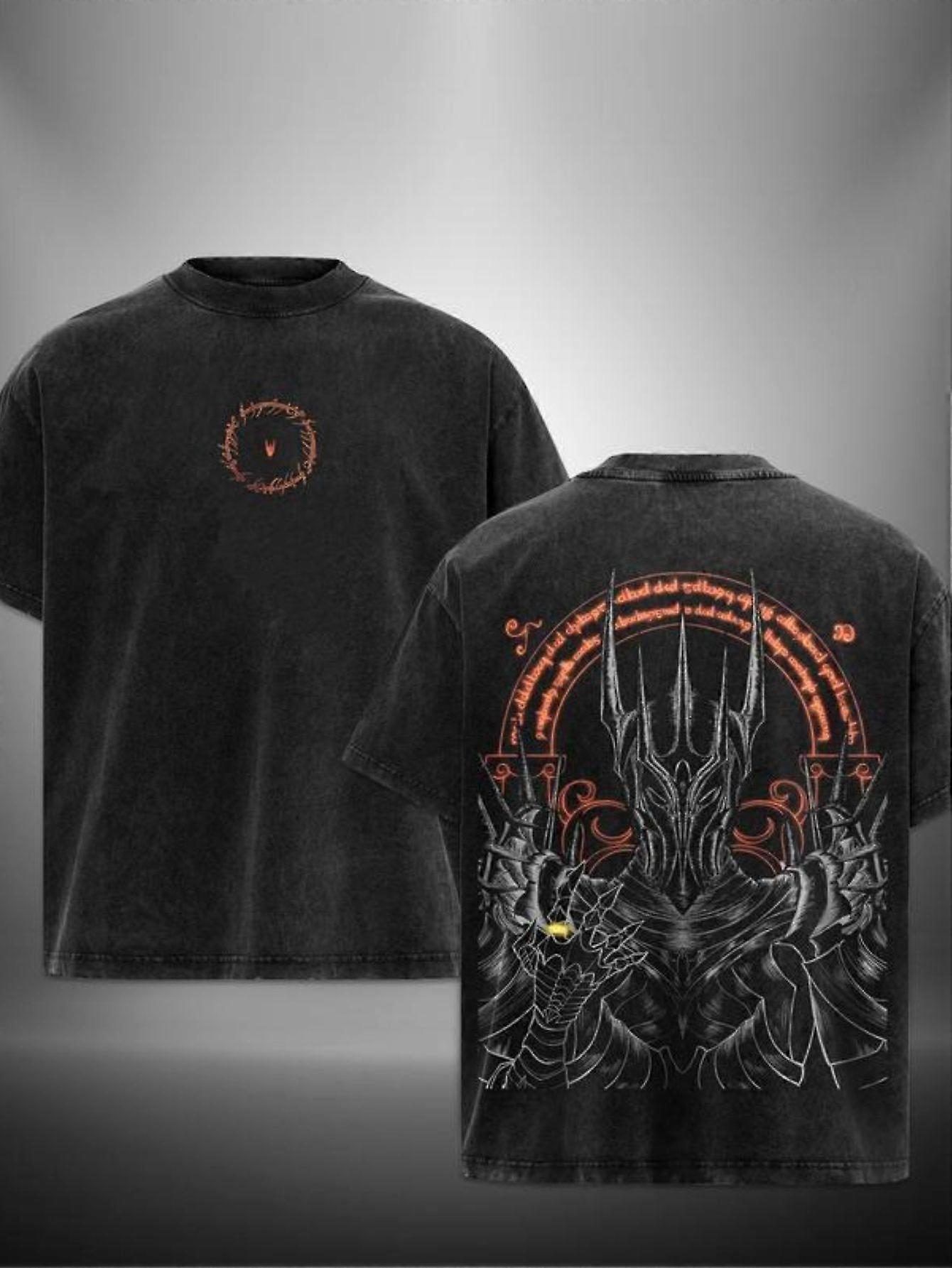 Herrtröja med grafisk design, Sauron Demon King - Svart retro streetwear-tröja med eldig design, högkvalitativ tvättad bomull, Regu-Axsgh