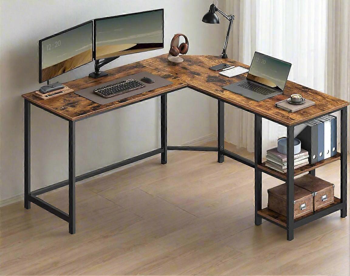 Rustic Brown & Black L-shaped Computer Desk With Storage Shelves – 138x138 Cm