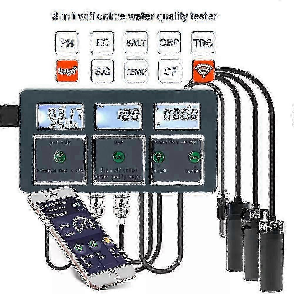 2025 New 8 in 1 WiFi Smart Water Quality Monitor for Fish Tanks Pools Testing PH ORP EC PPM