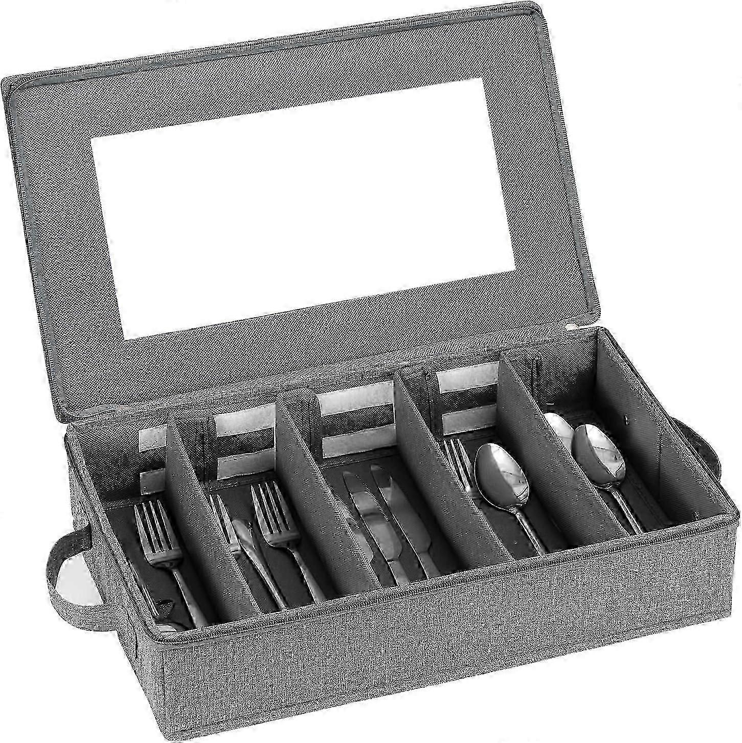 Flatware Utensil Storage Case, Silverware Storage Box Chest with Adjustable Dividers with Zipper LidLarge Capacity Gray