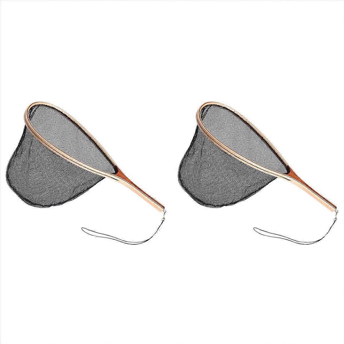 2X Fly Fishing Landing Net Wooden Handle Nylon Landing Handle Trout Mesh Fish Catch Release Scoop Fi
