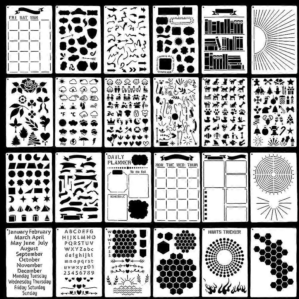24 Sheets Journal Stencils Kit Plastic Clear White Drawing Painting Create Calendars Schedule Productivity Templates Stencil for Journal Planner Craft