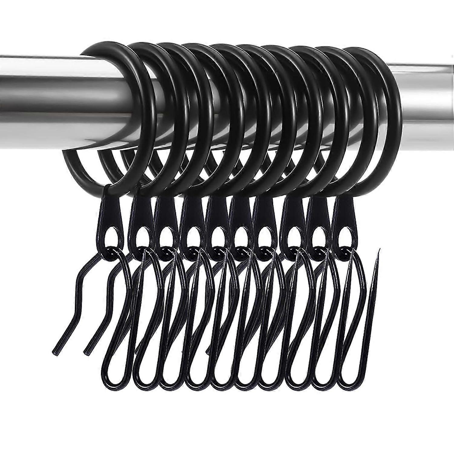 Metal Curtain Rings with Pin Hooks Set of 60 for Window, Door and Shower Curtains Black