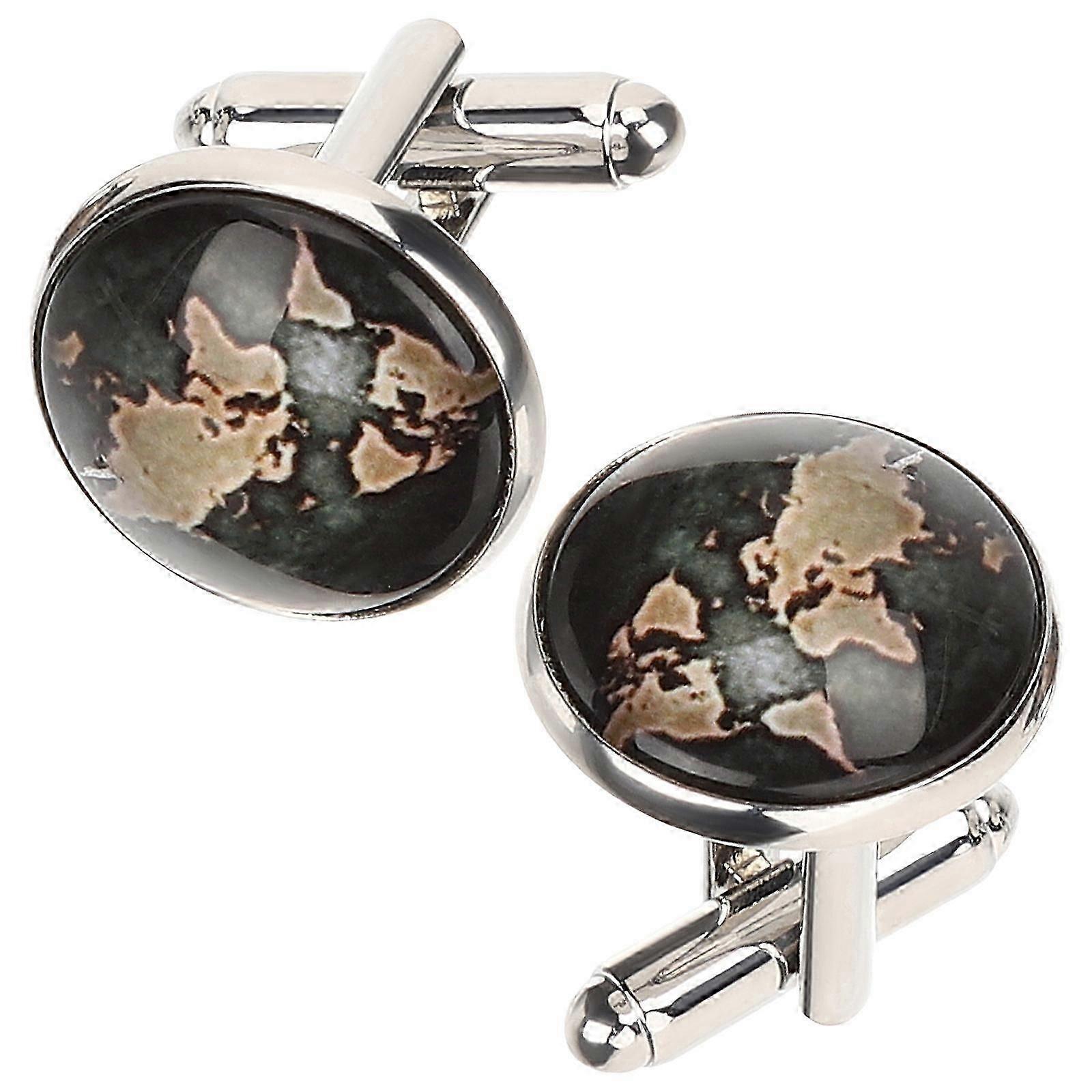 World Map Silver Cufflinks for Men, 2x1.8cm, Secure Attachment, 2-Piece Set