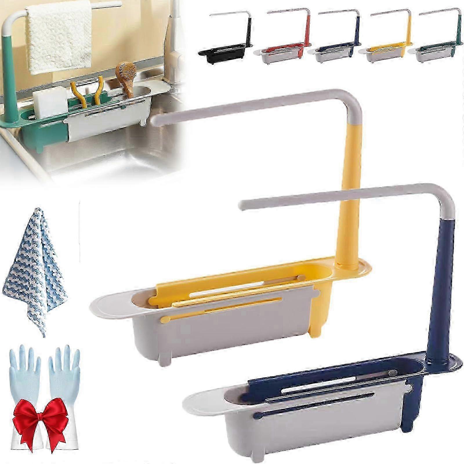 2 PCS Sink Storage Rack Updated Telescopic Adjustable Multipurpose Kitchen Sink Organizer with Towel Hanger w