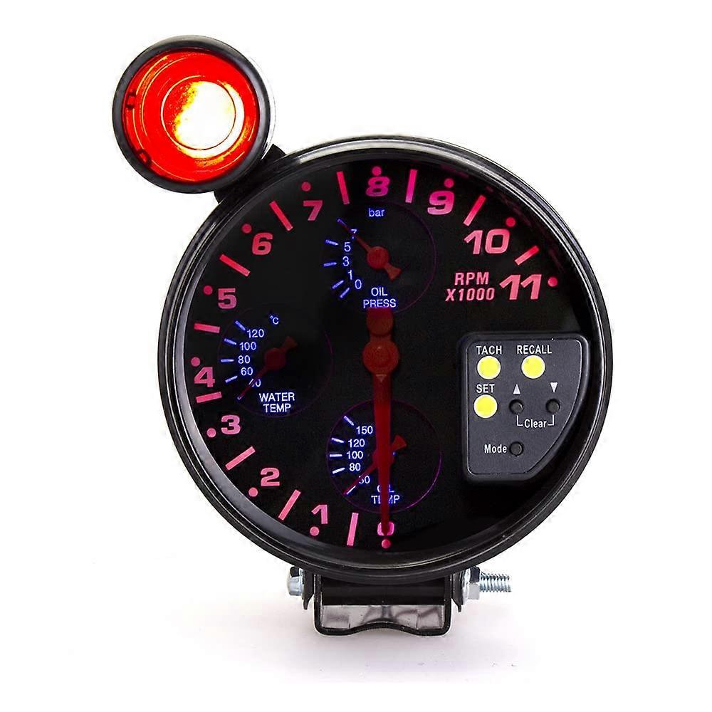 5 Inch 4in1 Tachometer Gauge RPM Meter 12V LED for Cars with Oil Pressure Temp Sensors and Adjustable Shift Light