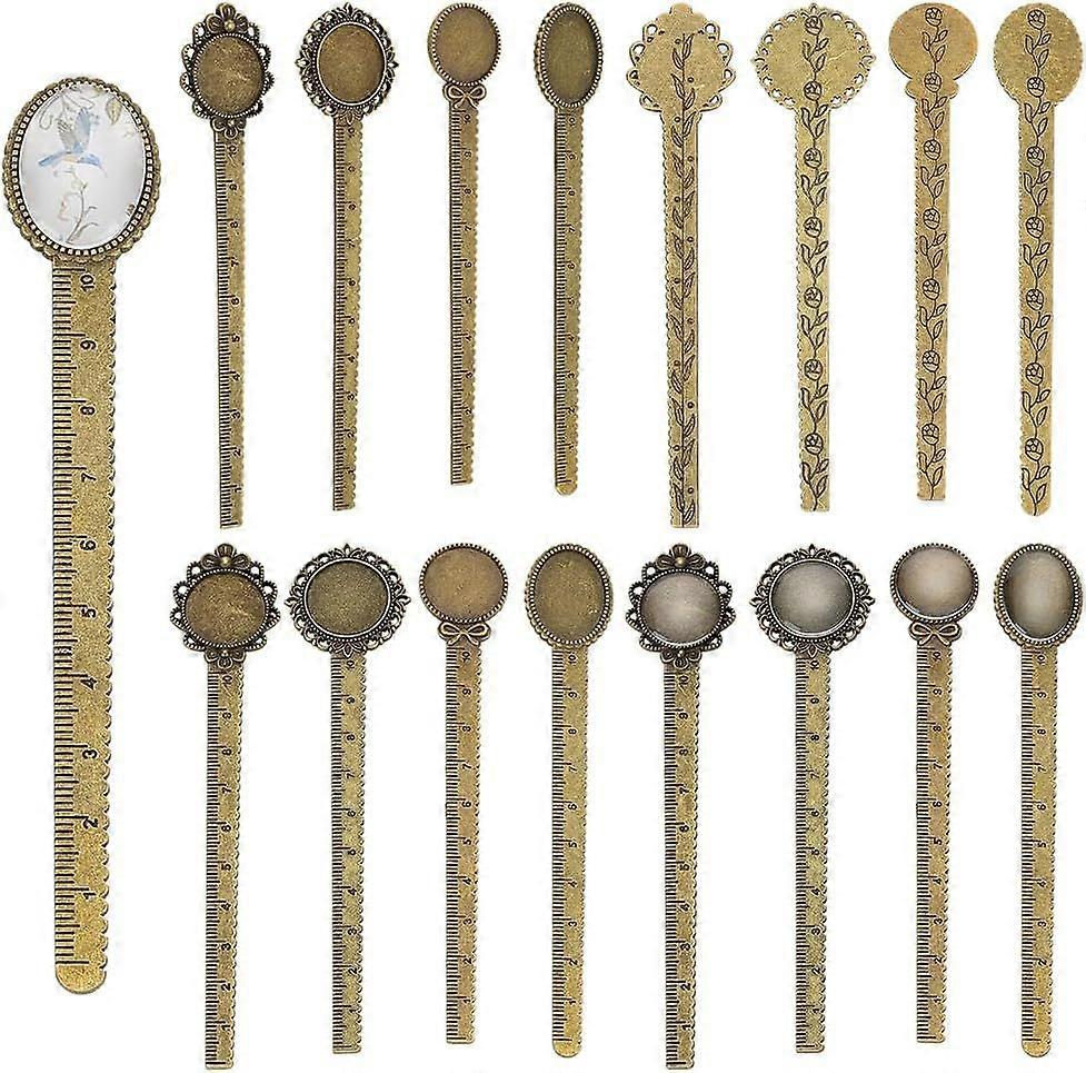 8 Sets Ruler Bookmarks Making Kit Bookmark Pendant Trays Kit Ruler Cabochon Bezel Book Page Marker Vintage Style Alloy Bronze Glass Cabochons Settings