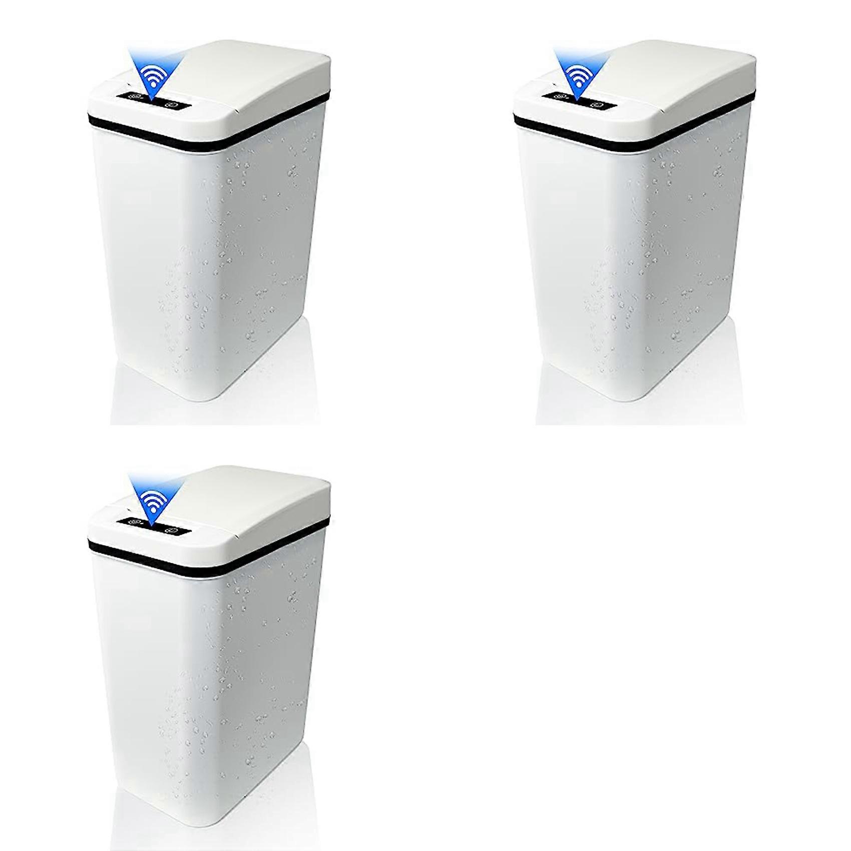 3X Automatic Touchless Bathroom Trash Can with Lid White Slim Narrow Plastic Smart Motion Sensor Covered Garbage Can