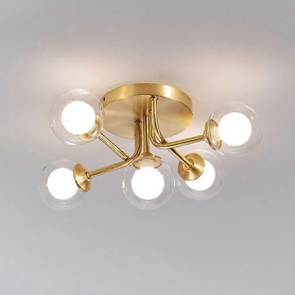 Modern Brass LED Flush Mount Ceiling Light with Nordic Glass 5Light Design for Bedroom
