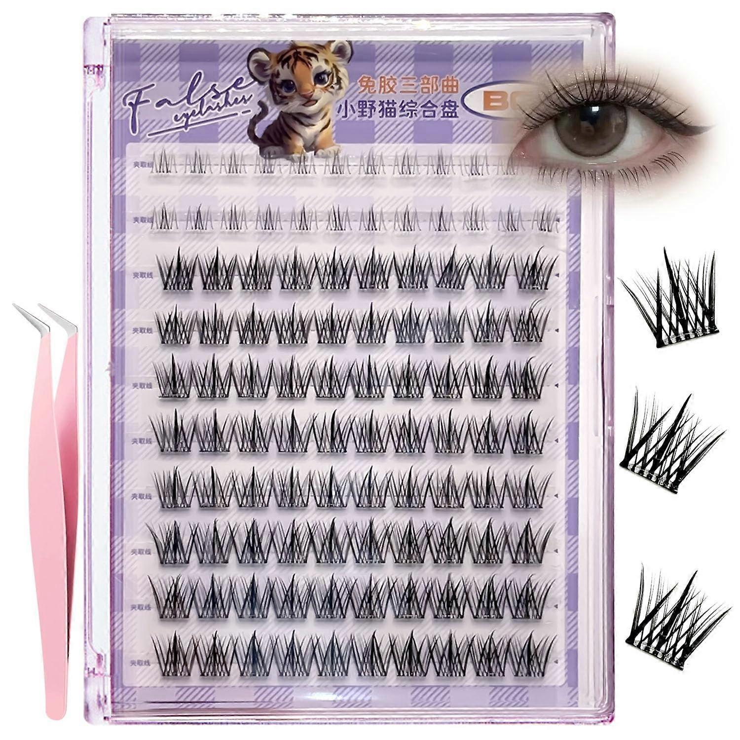 Self Adhesive Eyelash Extension Kit 1113mm NoGlue Clusters with Tweezers DIY Asian Style