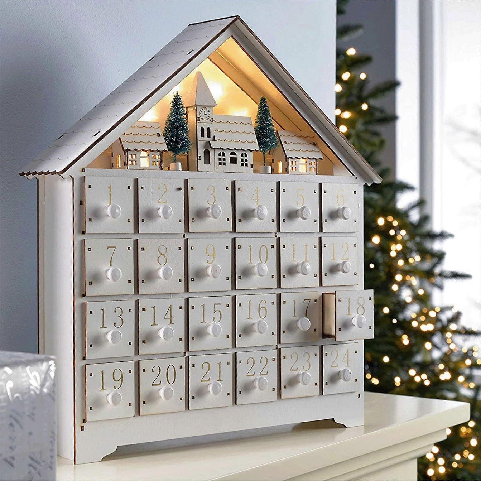 LED Wooden Christmas Advent Calendar with Warm Lights, Large White Design and Countdown Drawers